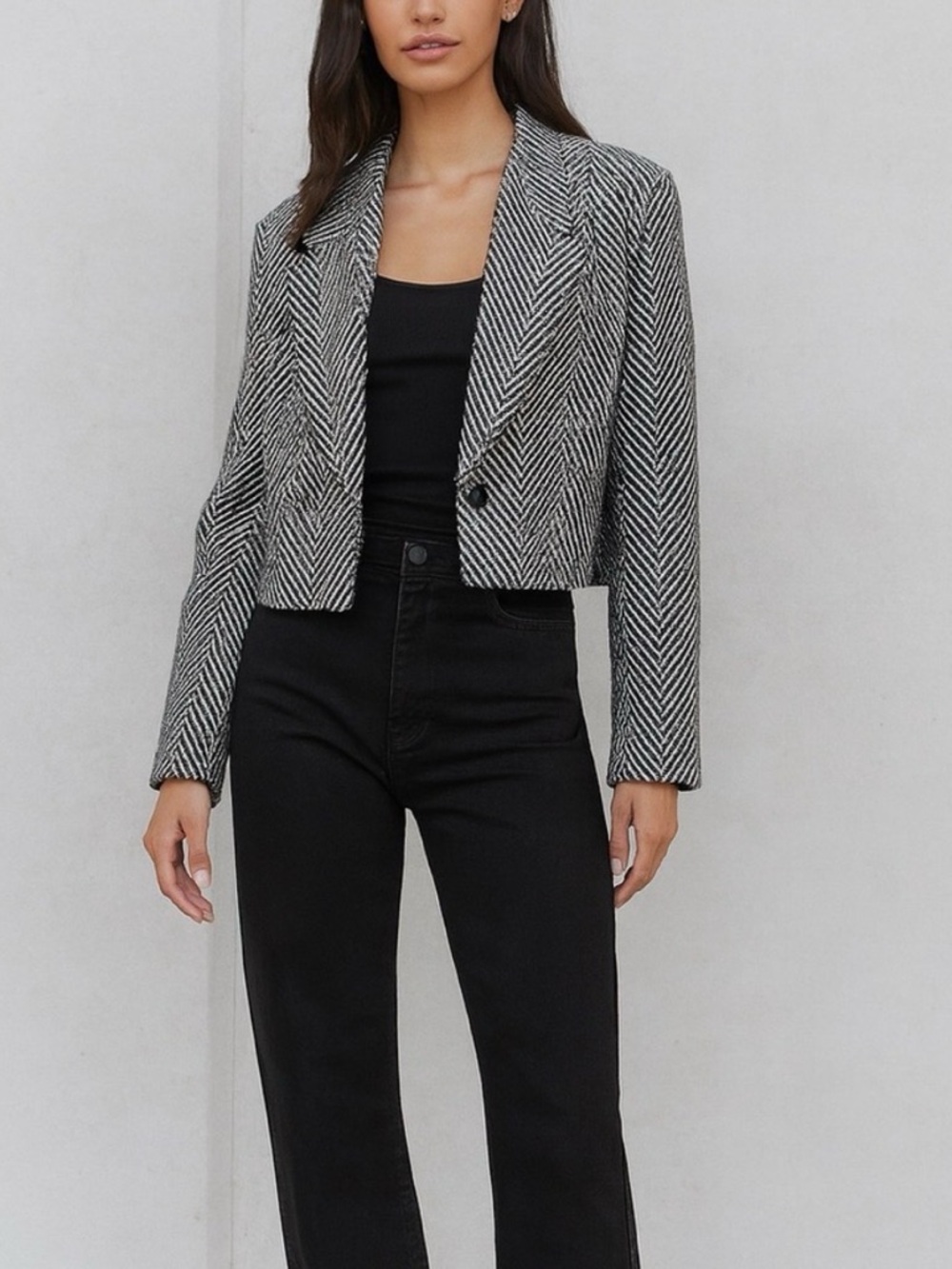 Halogen Cropped Herringbone Blazer Jacket - Black/White